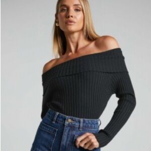 Showpo - Pink Diamond Brand - Off-Shoulder Ribbed Black Sweater